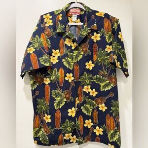 RJC Men's 2XL Hawaiian Shirt EUC Navy Blue Orchids Surfboard Ukulele Palm Trees